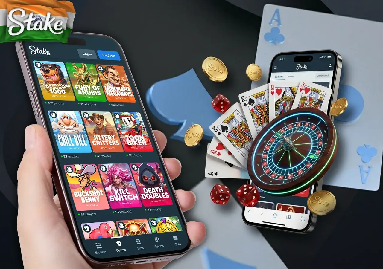 Premium mobile casino lobby with live dealers inside the Stake app